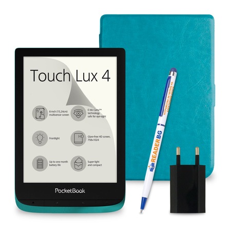 Комплект: eBook четец Pocketbook Touch Lux 4, Зелен + Калъф, Електрик ...