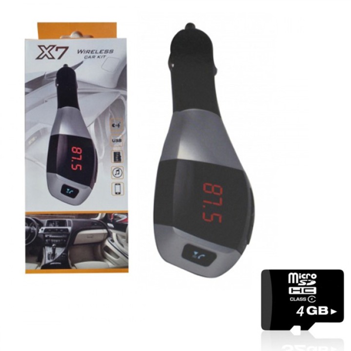 Kit adó Bluetooth FM vezeték nélküli, X7 autós készlet USB/ SD/ AUX szürke + SD kártya 4 GB Kingston