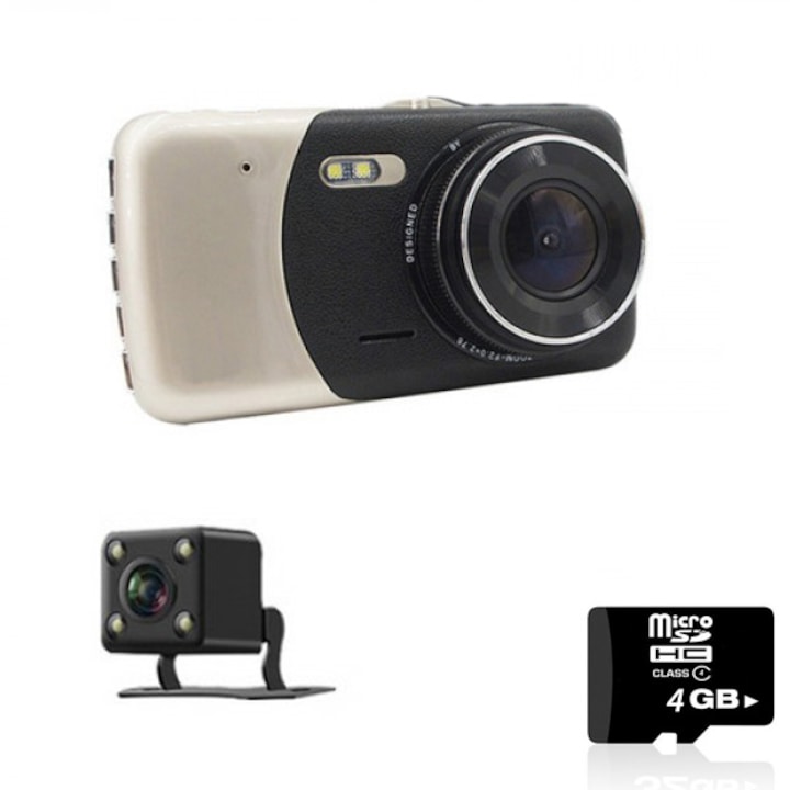 Комплект Видеорегистратор , XINLAIDA, с 4 инчов дисплей, HD1080P + камера за задно виждане+ SD карта 4 GB Kingston, Черен