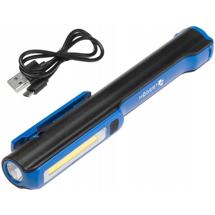 Ellenőrző zseblámpa 3 W COB LED + 3 W előlap, USB töltés, 1200 mAh