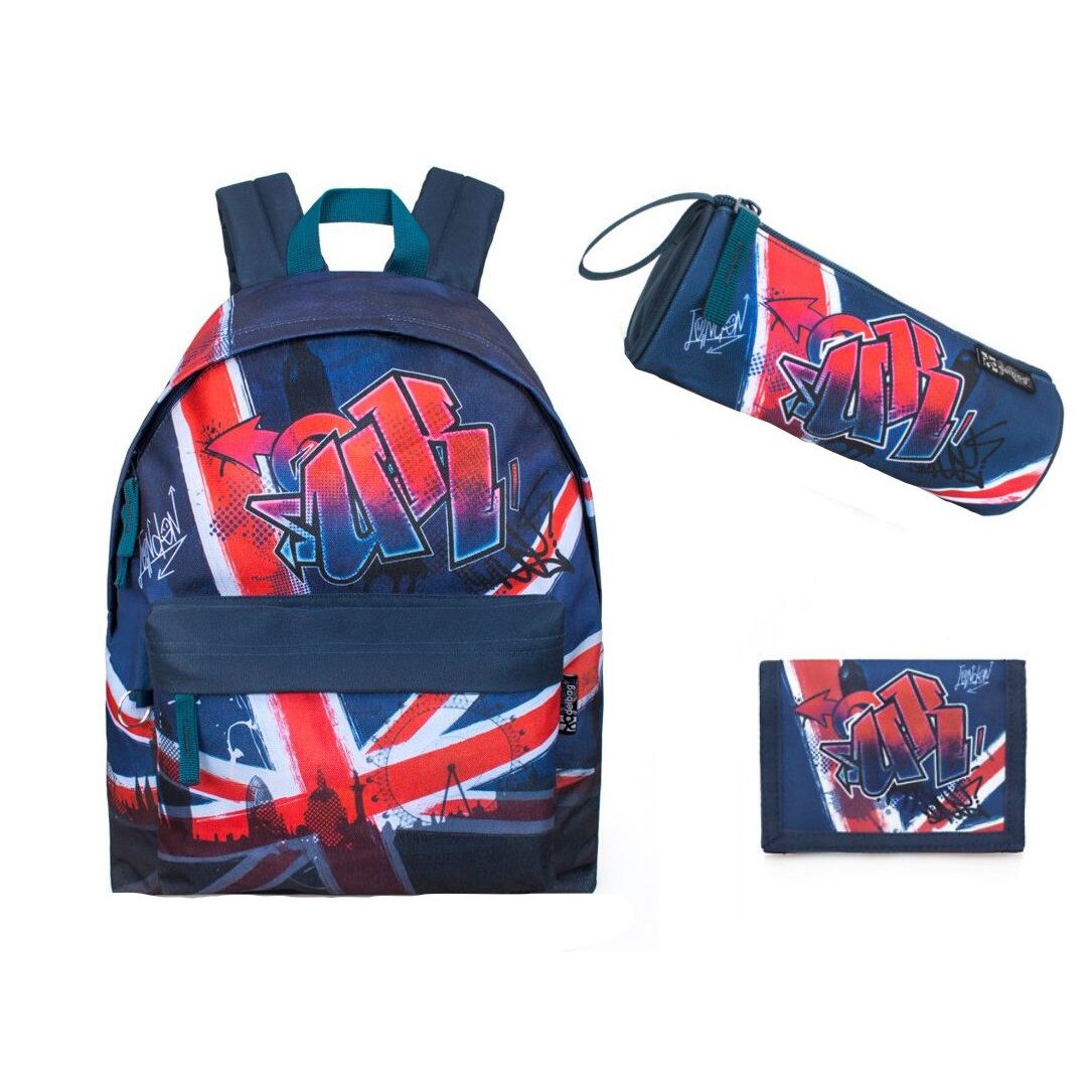 Set scoala Union Jack - Ghiozdan + Penar etui rotund + Portofel + 20 caiete herlitz A5 48 file + 12 creioane Pelikan 2B Grafit
