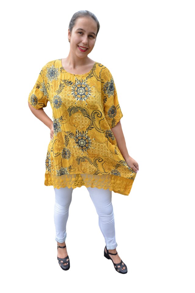 Bluza dama Inna cu imprimeu si insertii de dantela ,D&J Exclussive, Mustariu