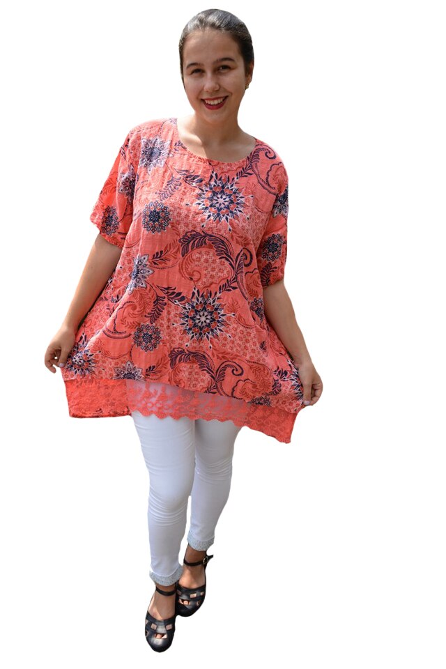 Bluza dama Inna cu imprimeu si insertii de dantela ,D&J Exclussive, Roz