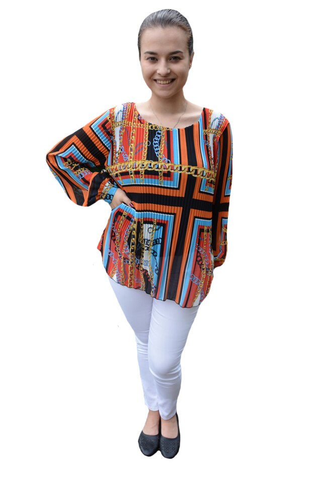 Bluza vaporoasa plisata Ella, cu imprimeu peacock, D&J Exclussive, Multicolor