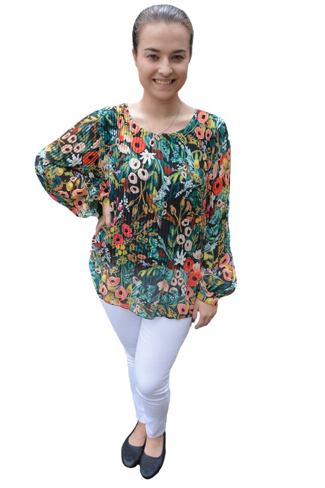 Bluza vaporoasa plisata Ella, cu imprimeu rafinat, D&J Exclussive, Multicolor