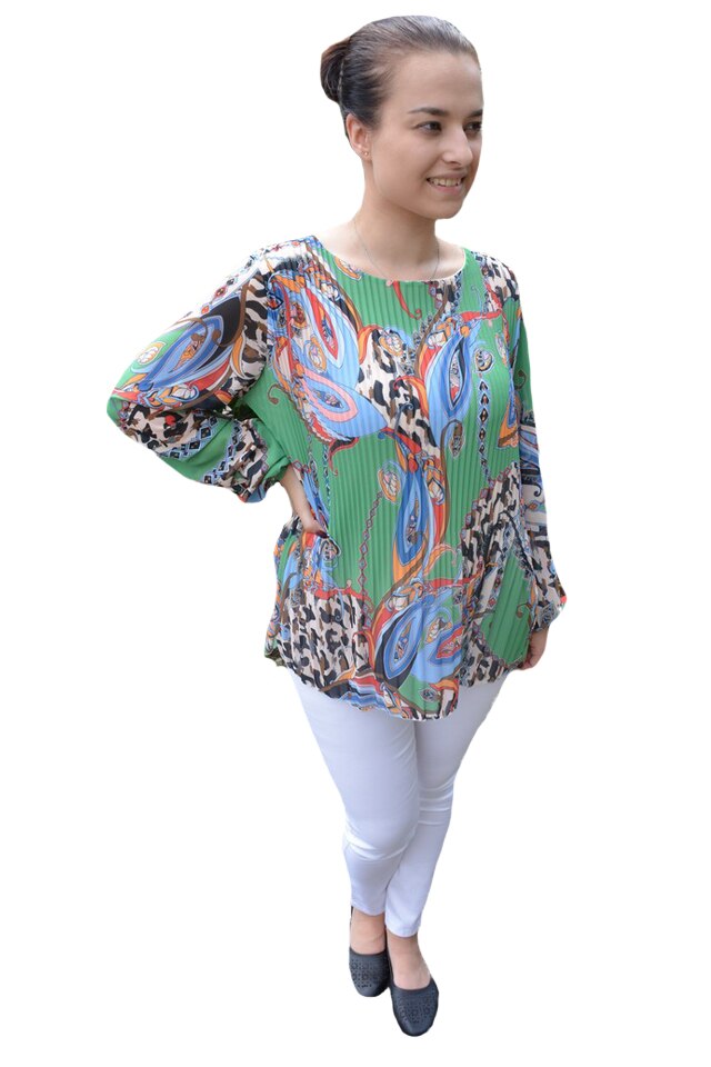 Bluza vaporoasa plisata Ella, cu imprimeu peacock, D&J Exclussive, Verde