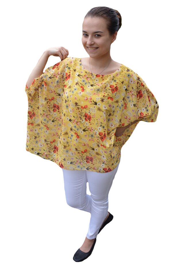 Bluza casual Vivien cu aplicatii voal si imprimeu, D&J Exclussive, Galben