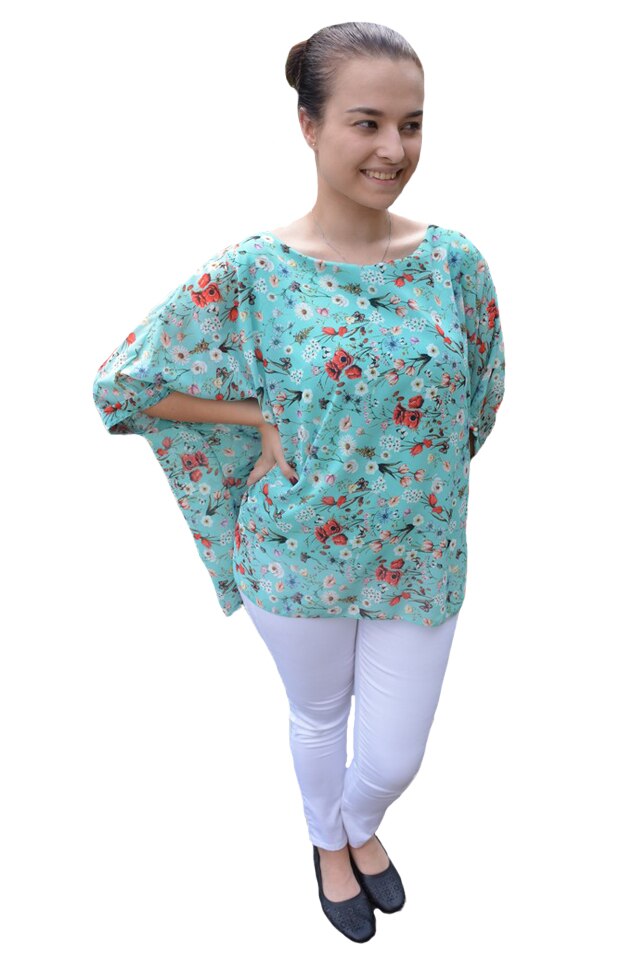 Bluza casual Vivien cu aplicatii voal si imprimeu, D&J Exclussive, Turcoaz