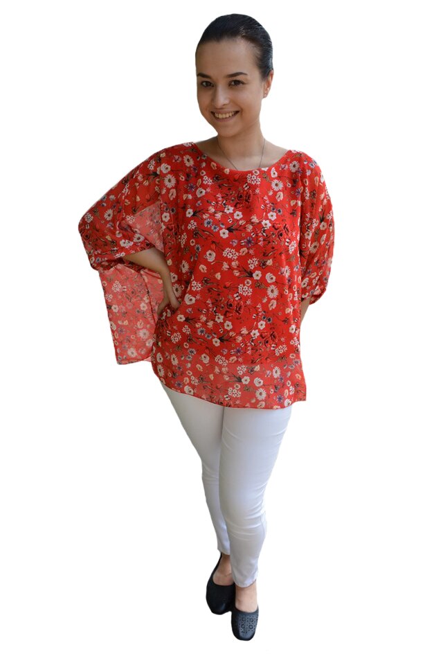 Bluza casual Vivien cu aplicatii voal si imprimeu, D&J Exclussive, Rosu