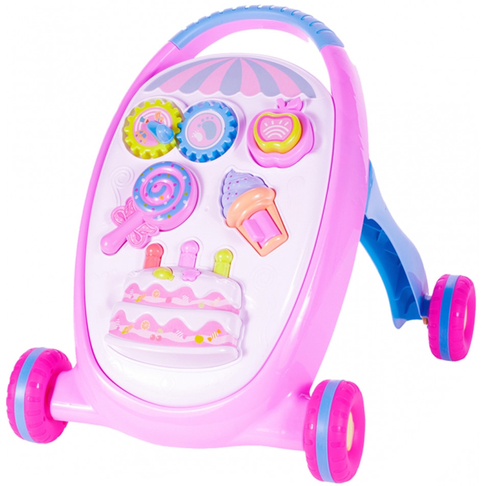 Antemergator cu Jucarii Detasabile cu Lumini si Sunete, Zornaitori, Bile, Spatiu Depozitare Bile, 40 cm Inaltime, Roz