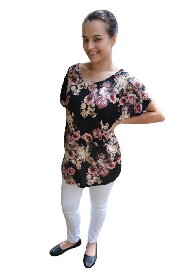 Bluza lejera Calandra, cu imprimeu si motive rose, D&J Exclussive,, Negru