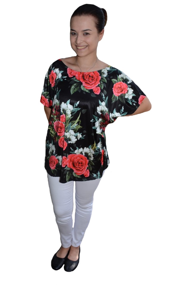 Bluza lejera Calandra, cu imprimeu si motive rose, D&J Exclussive,, Negru/Rosu