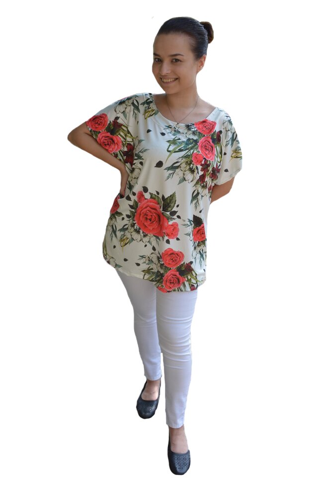 Bluza lejera Calandra, cu imprimeu si motive rose, D&J Exclussive,, Alb