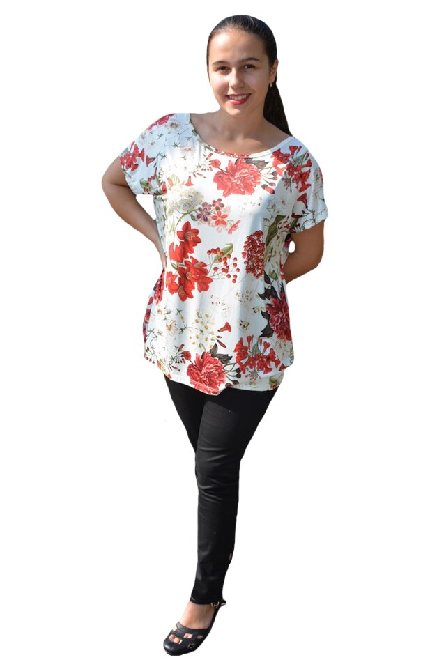 Bluza Lucia, cu imprimeu flower si motive mini-rose, D&J Exclussive, Alb/Rosu