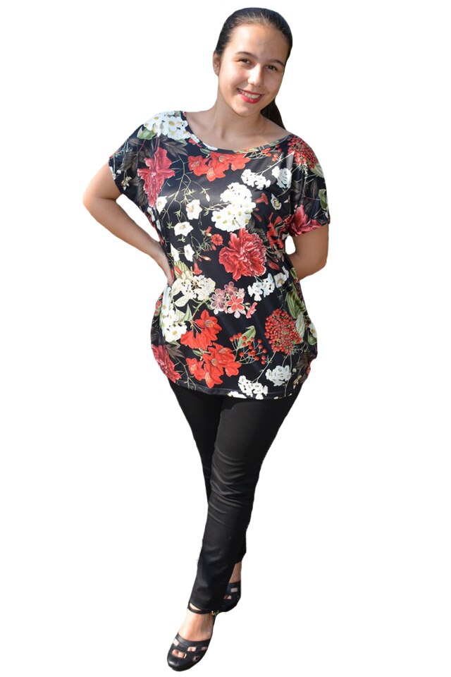 Bluza Lucia, cu imprimeu flower si motive mini-rose, D&J Exclussive, Negru