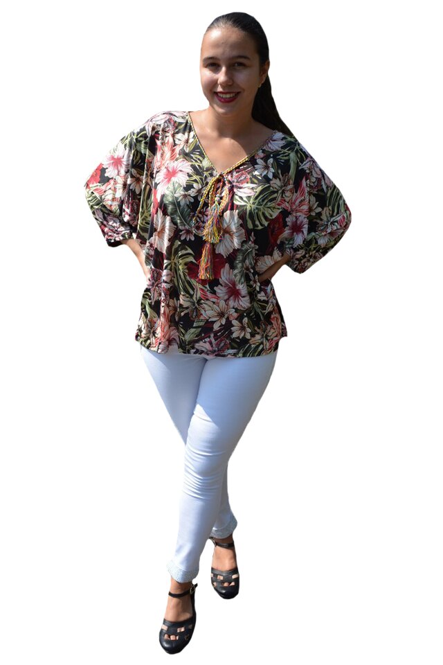 Bluza casual Georgiana, cu imprimeu flower mini-rose, D&J Exclussive, Negru/Multicolor