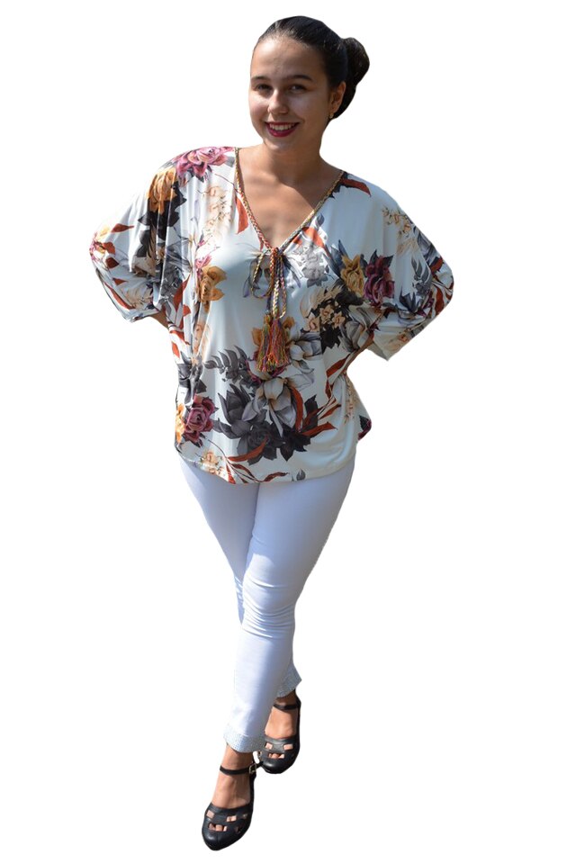 Bluza casual Georgiana, cu imprimeu flower mini-rose, D&J Exclussive, Alb/Multicolor