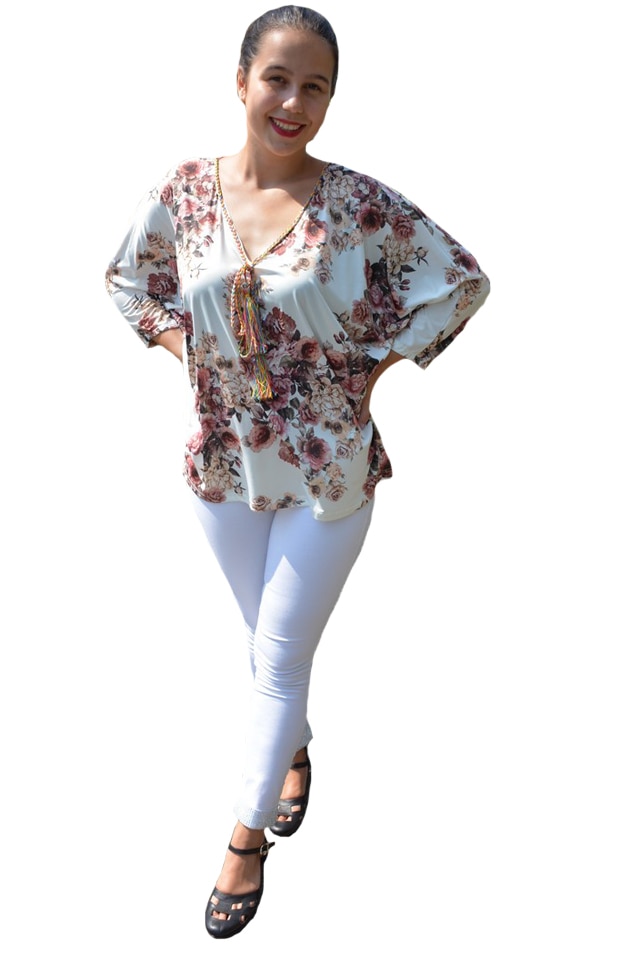 Bluza casual Georgiana, cu imprimeu flower mini-rose, D&J Exclussive, Alb