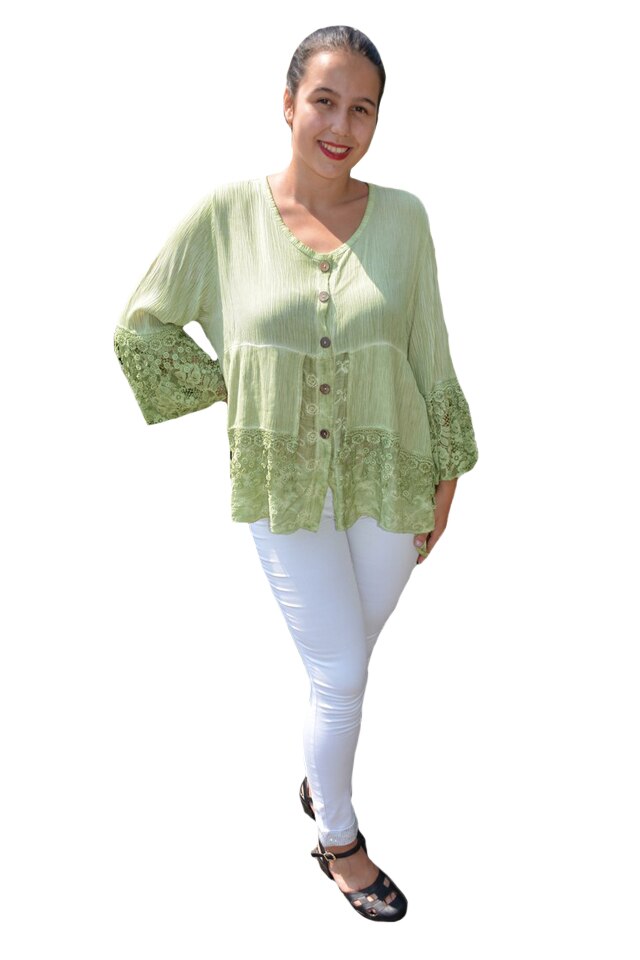 Bluza lejera Carina, cu insertii din dantela, D&J Exclussive, Verde