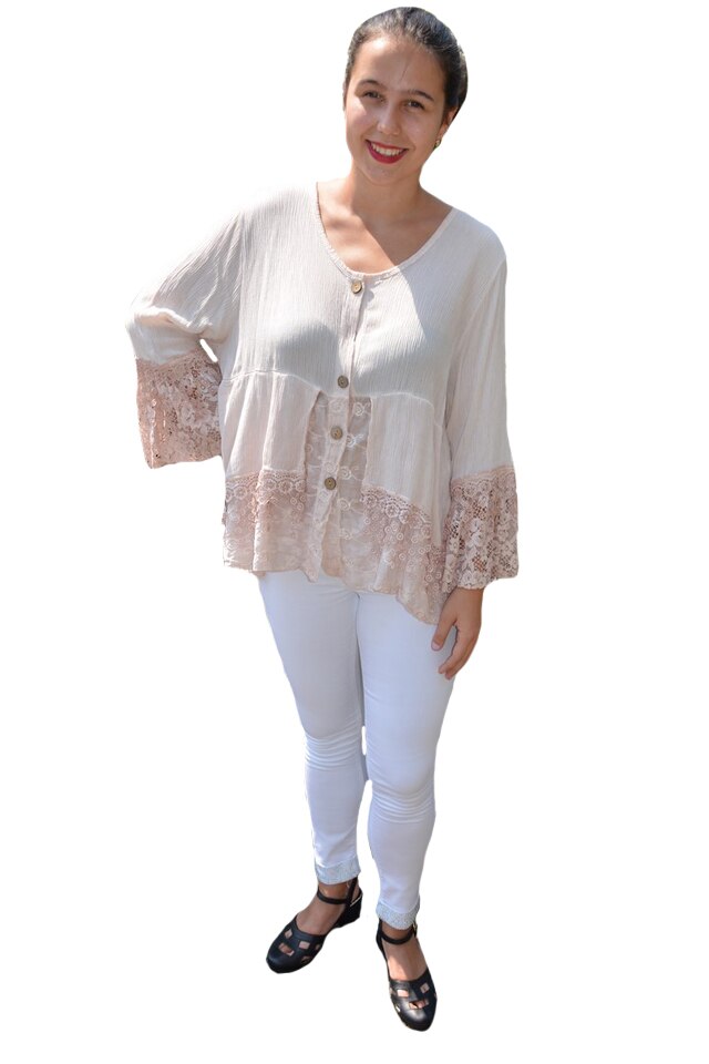 Bluza lejera Carina, cu insertii din dantela, D&J Exclussive, pudra