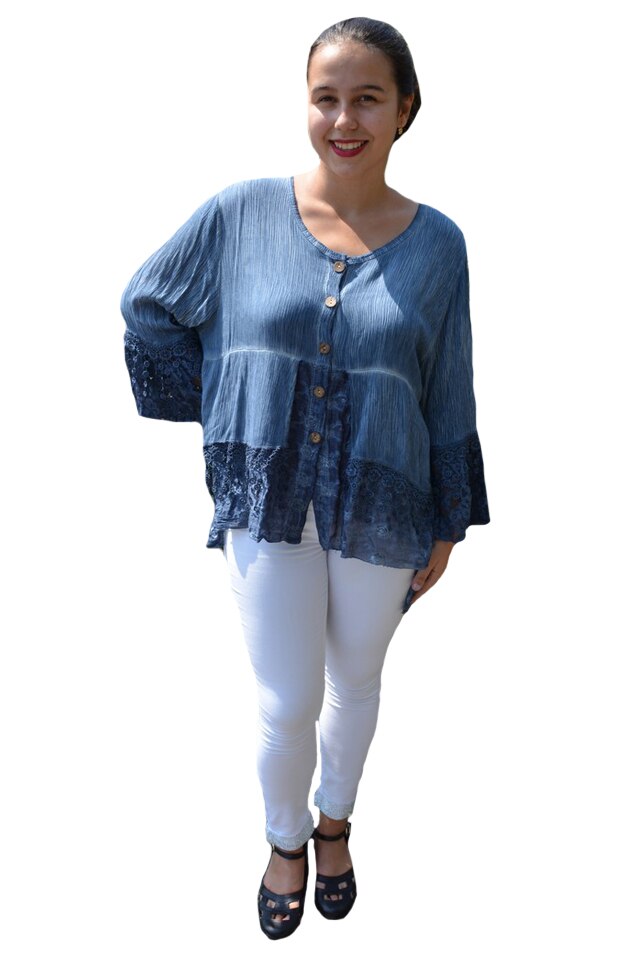 Bluza lejera Carina, cu insertii din dantela, D&J Exclussive, Albastru