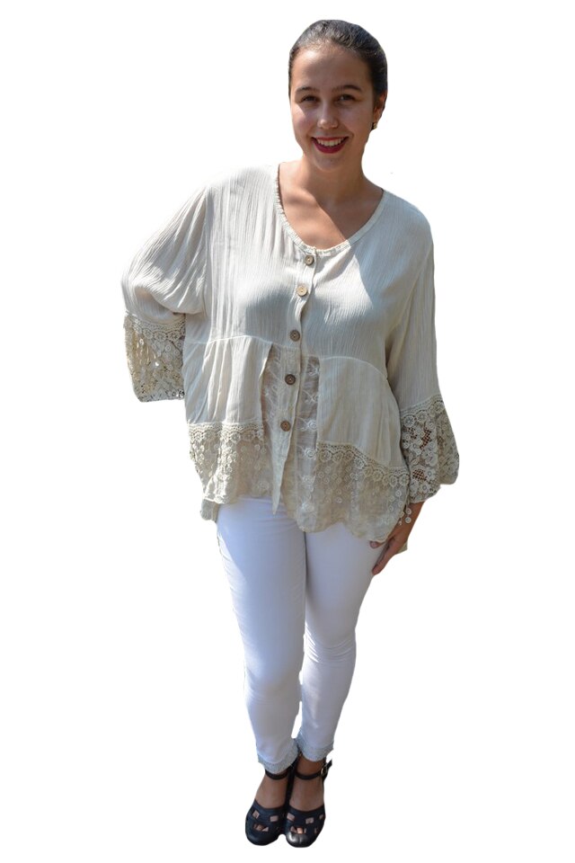 Bluza lejera Carina, cu insertii din dantela, D&J Exclussive, Bej