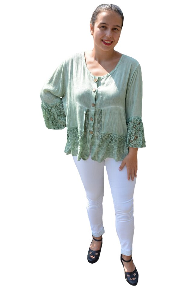 Bluza lejera Carina, cu insertii din dantela, D&J Exclussive, Verde deschis