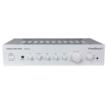Amplificator karaoke stereo Madison 2 x 100 RMS, Fatada din aluminiu lucios, Intrare jack 3.5mm, 2 x Intrari de linie, Iesire casti, Alb Amplificator karaoke stereo Madison 2 x 100 RMS, Fatada din aluminiu lucios, Intrare jack 3.5mm, 2 x Intrari de linie, Iesire casti, Alb