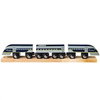 Set trenulet, Trenulet din lemn cu 3 vagoane, 2 sine, 3 ani+, Eurostar e320, BigJigs