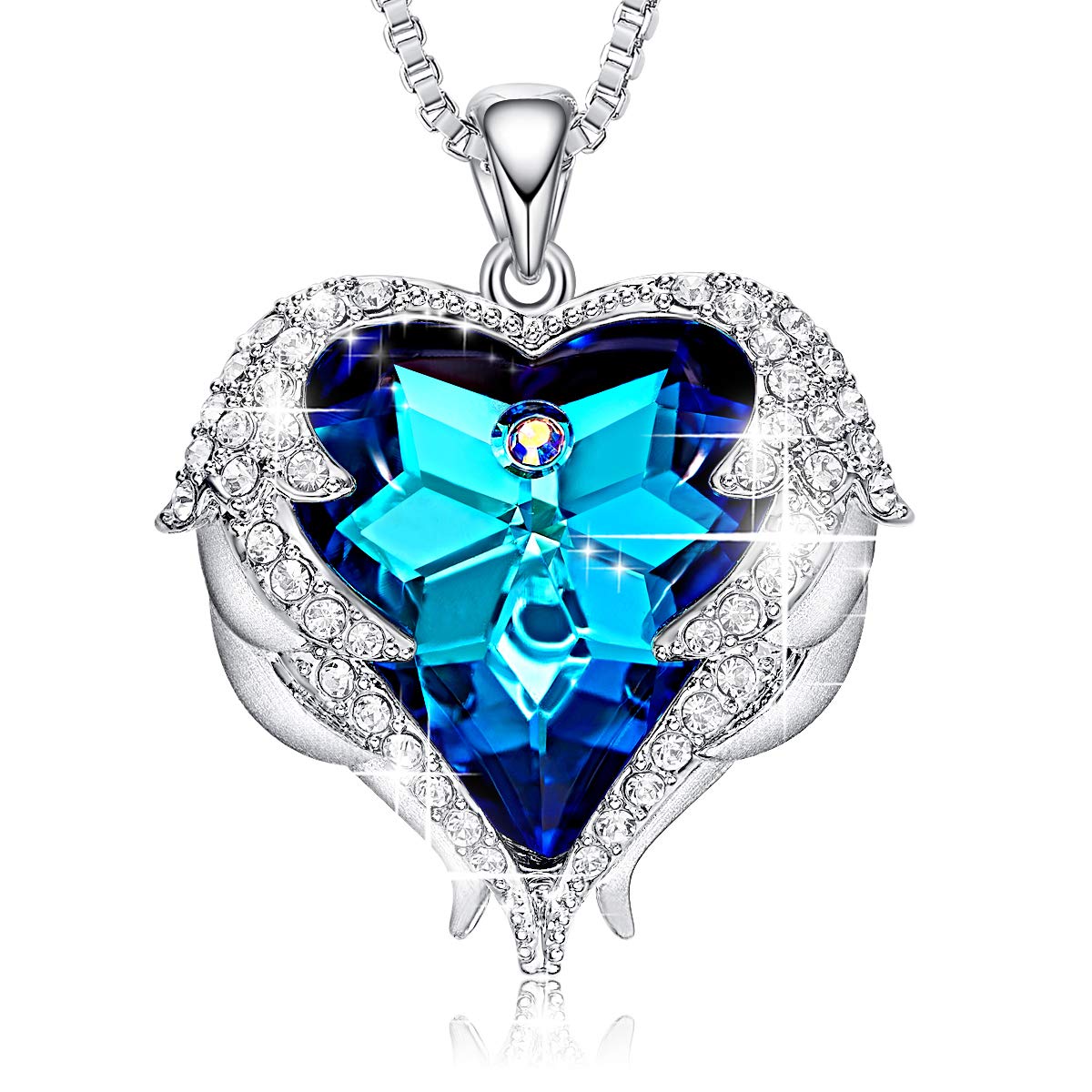 Lantisor Placat cu Aur Alb Rodiat si Pandantiv “Angel Heart” cu® Crystals + Cutie LED