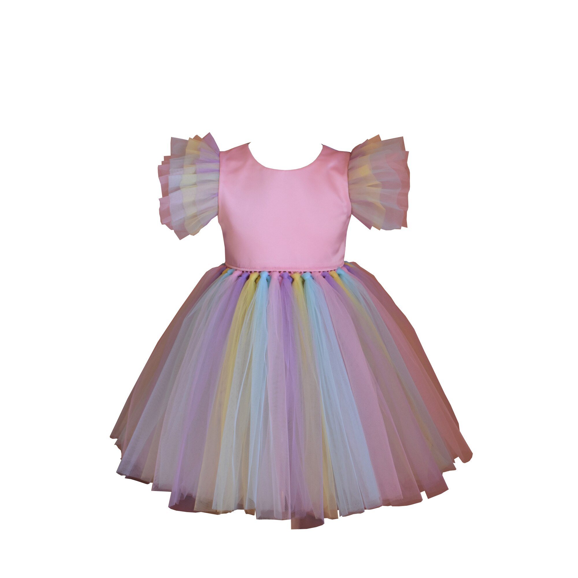 Rochita Unicorn roz cu maneci, Anastasia, tafta, bumbac, tulle, Multicolor
