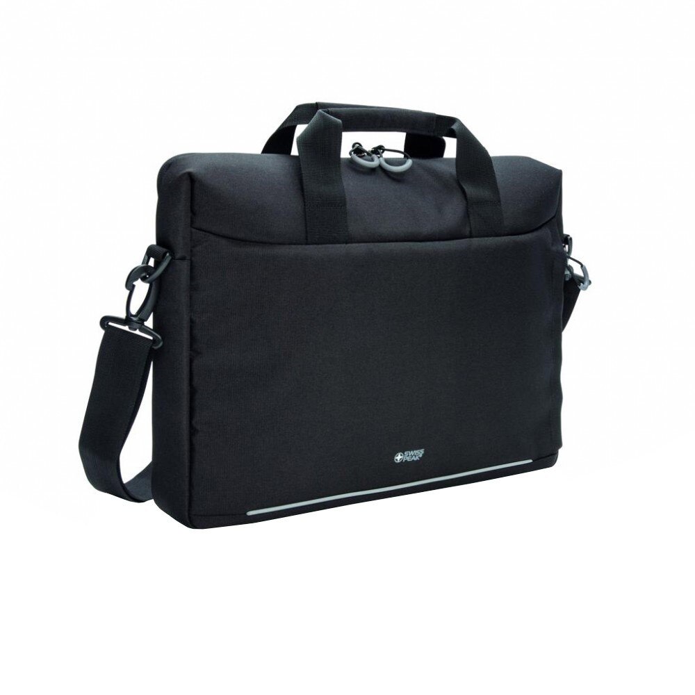 Geanta laptop 15.6 inch, RFID, fara PVC, Swiss Peak by AleXer, JU013, poliester, negru, breloc inclus