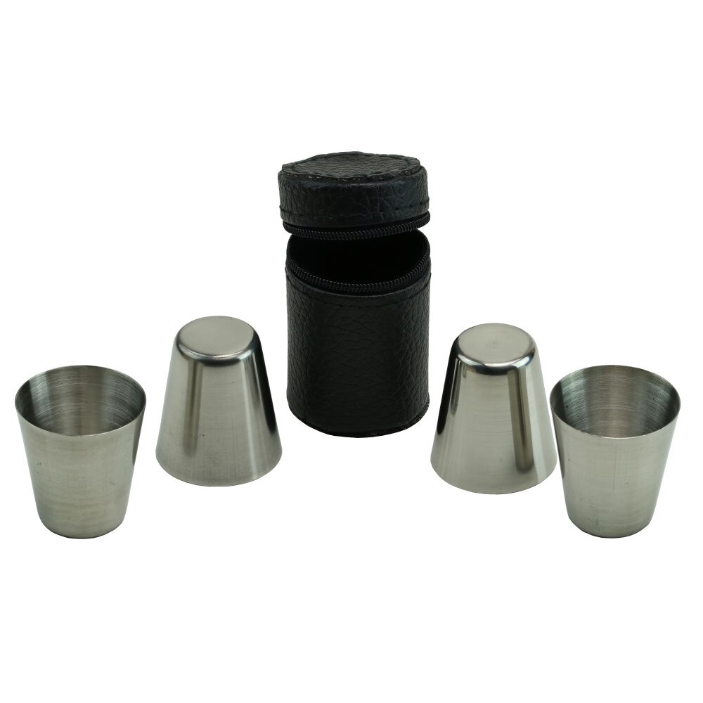Set 4 pahare 30 ml, din inox, suport teaca de piele sintetica, OnemisFlot