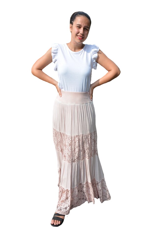 Fusta Roxana, cu insertii din dantela, D&J Exclussive, Crem