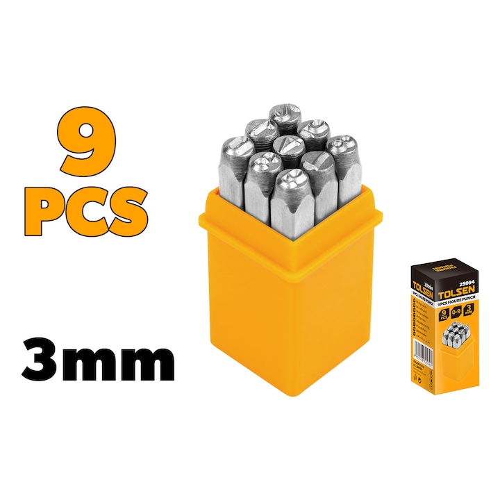 Set 9 poansoane cifre 0-9 TOLSEN 3 mm, Otel carbon calit si tratat termic, Suprafata sablata, Marcaj permanent pe metal, lemn si materiale dure, Duritate ridicata, Lacatuserie atelier, Uz profesional, Personalizare si Identificare Piese, CE