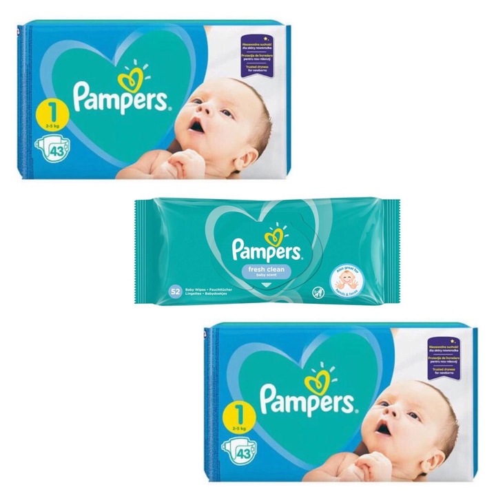 Pachet 2 x Scutece Pampers nr. 1, 2-5 kg, 43 buc. + Servetele umede Pampers Fresh Clean, 1 x 52buc