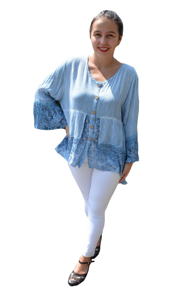 Bluza lejera Carina, cu insertii din dantela, D&J Exclussive, Albastru deschis