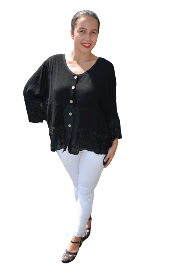 Bluza lejera Carina, cu insertii din dantela, D&J Exclussive, Negru