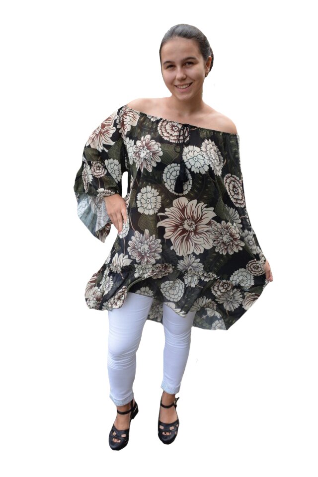 Bluza vaporoasa Maya cu imprimeu camp flower si volanase,D&J Exclussive, Negru