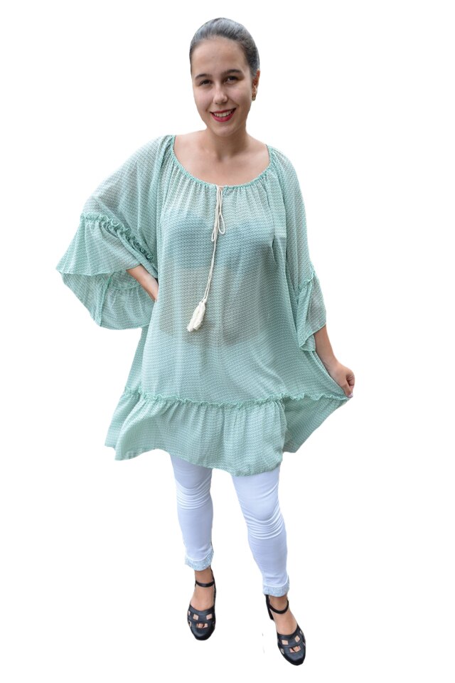 Bluza vaporoasa Maya cu imprimeu camp flower si volanase,D&J Exclussive, Alb-Verde