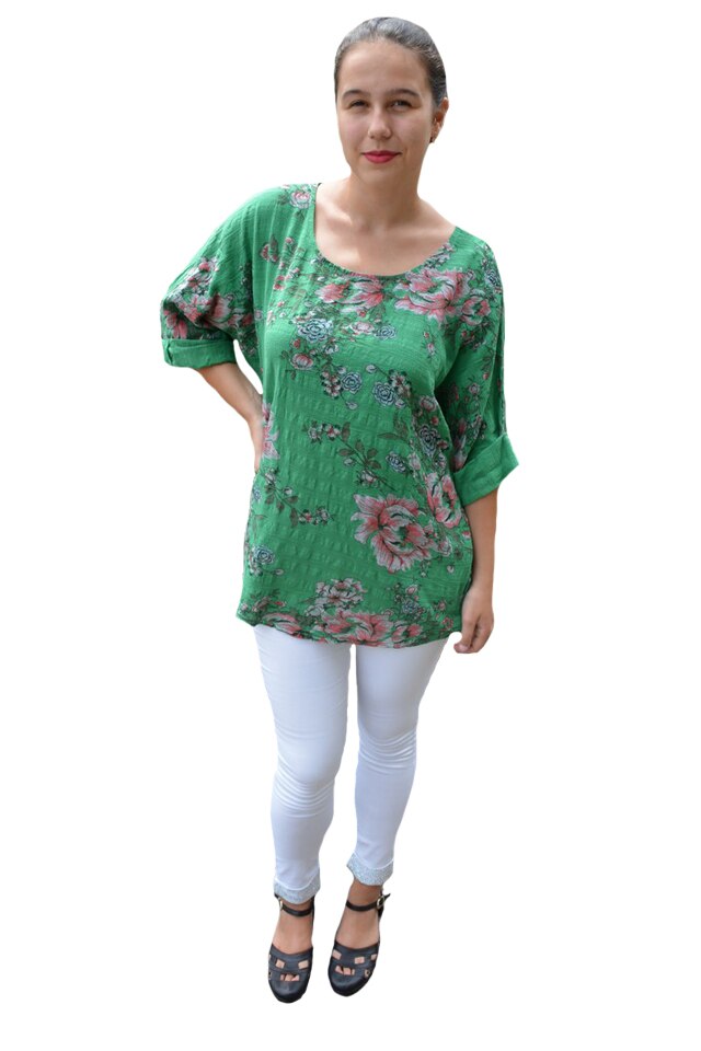 Bluza dama Eda cu imprimeu floral,din bumbac,D&J Exclussive, Verde