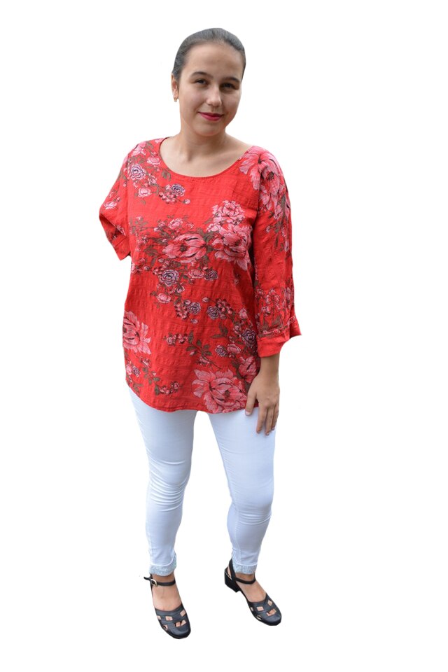Bluza dama Eda cu imprimeu floral,din bumbac,D&J Exclussive, Rosu