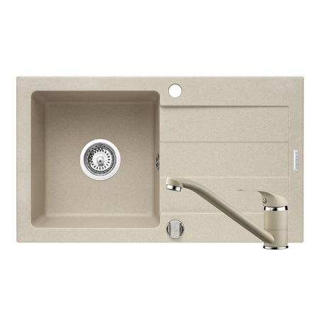 Pachet chiuveta Pyramis Star + baterie Pyramis, valva pop-up, 760x440mm, adancime cuva 170mm, montare pe blat, reversibila, compozit granit, bej