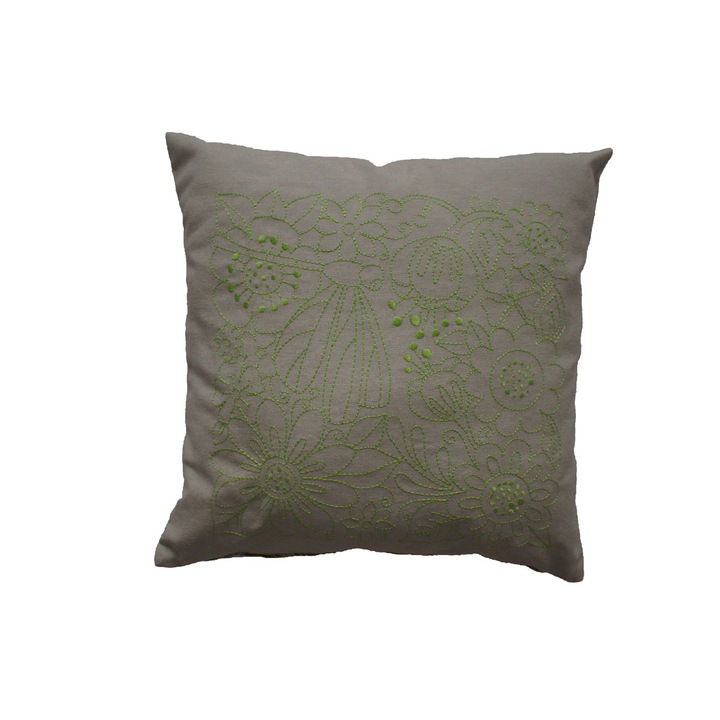 Perna decorativa 40 X 40 , Tyana Accesorii, cu broderie Flori, Verde