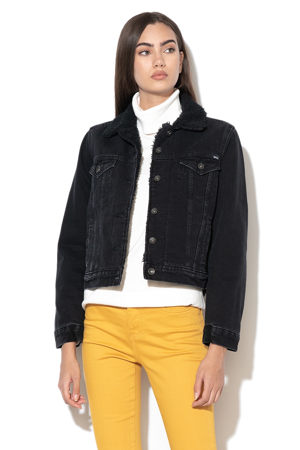 BIG STAR, Jacheta din denim, cu captuseala din material teddy Haylee, Negru