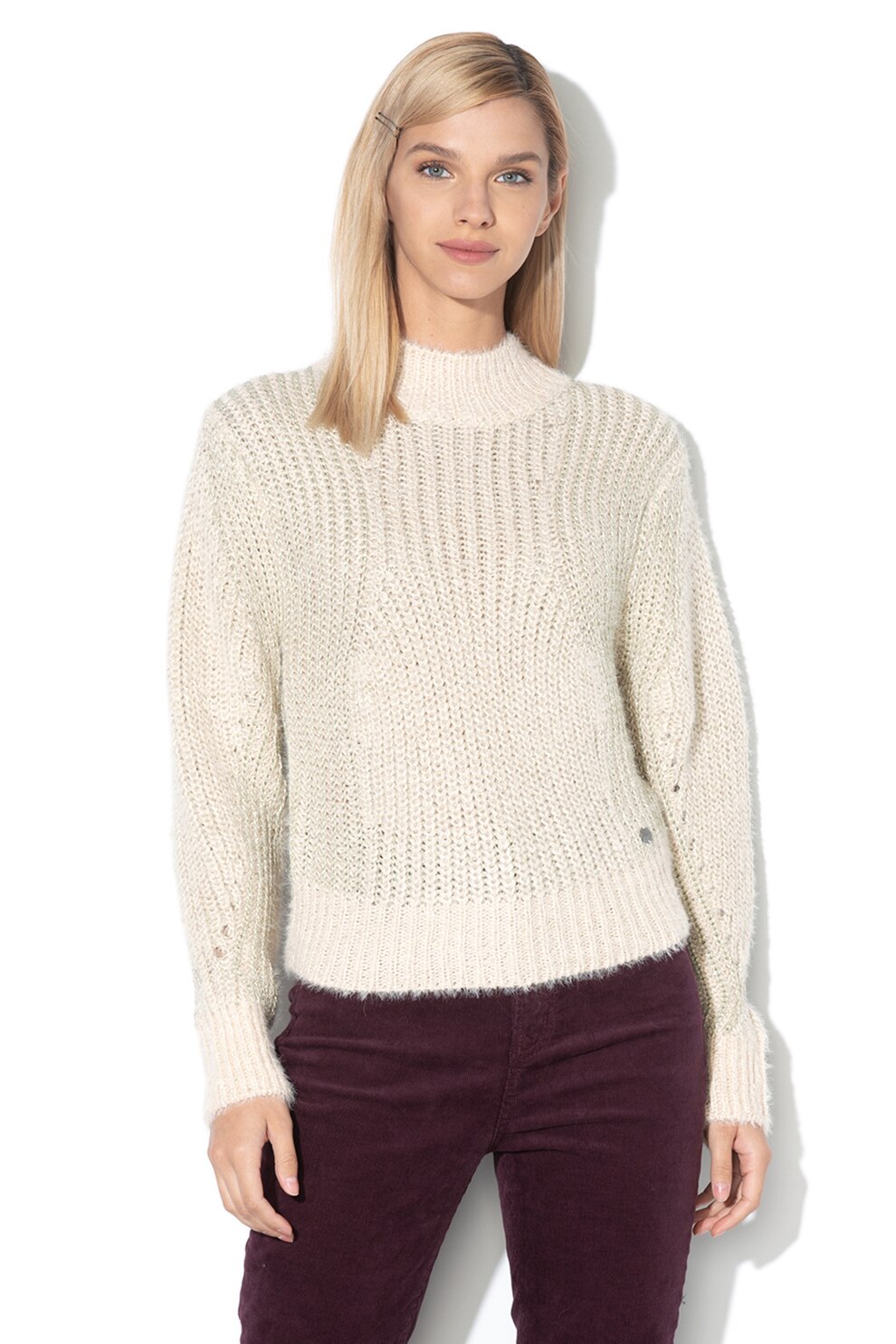 Pepe Jeans London, Pulover cu insertii de lurex Marissa, Bej, XL