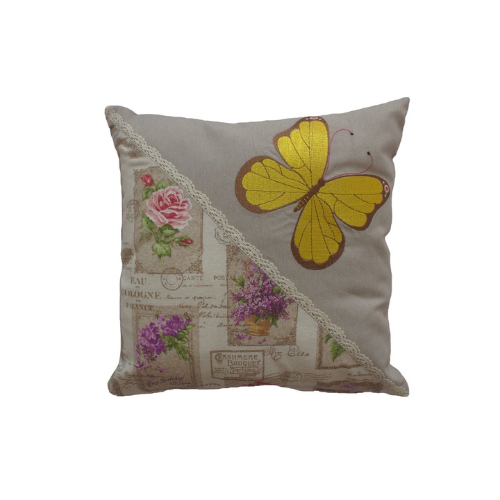 Perna decorativa 40 X 40 , Tyana Accesorii, cu broderie Fluture galben