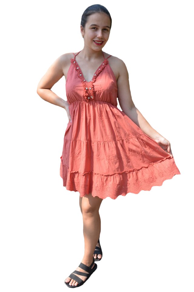 Rochie Emine, din bumbac, model cu broderie, D&J Exclussive, Marsala