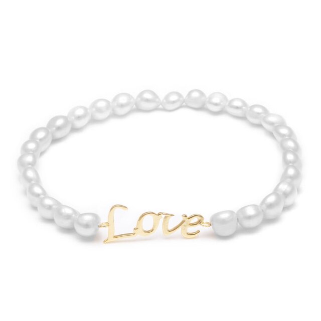 Bratara elastica perle dama, alb/auriu, 7 mm inaltime text