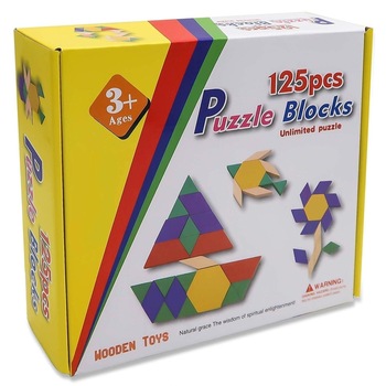 Joc educativ - Tangram din lemn cu 125 piese geometrice multicolore Joc educativ - Tangram din lemn cu 125 piese geometrice multicolore
